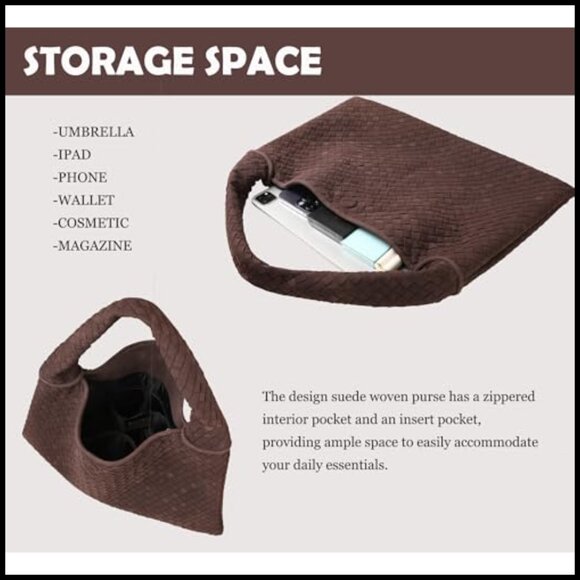 Vegan Leather Woven Tote Hobo Bag Large Shoulder Purse Vintage Suede - Picture 5 of 6